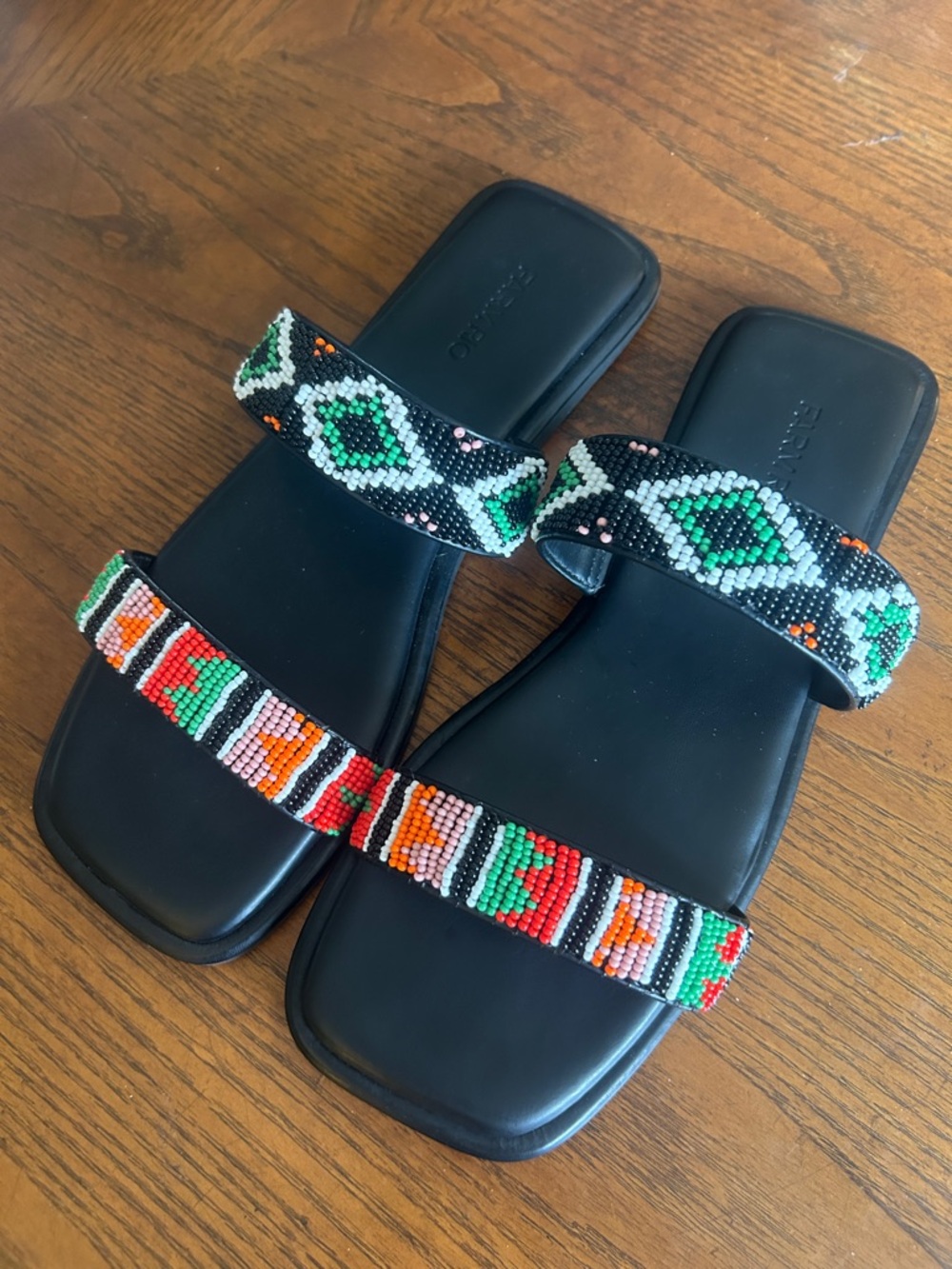 FARM Rio Black Slide Sandals with Green, Red & Orange Beaded Straps